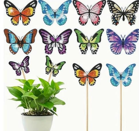 8pcs 5D Butterfly Diamond Painting Kit Plant Pot Stakes DIY Diamond Flower Pot Sticks