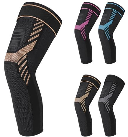 Bcautay Rodilleras largas comprimidas con vendaje de velcro ajustable, rodillera para hombre y mujer, para levantamiento de pesas, baloncesto, desgarro de menisco, artritis (dorado, XXL)