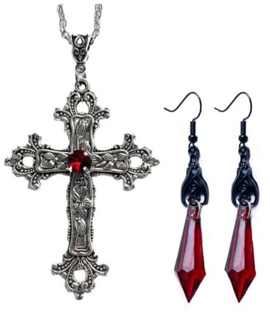 Danshinbow Vintage-Halsketten-Set mit Gothic-Kreuz-Ohrringen, rot-schwarzer Kristall, Edelstein-Muster, Anhänger-Halsketten für Damen, Metall