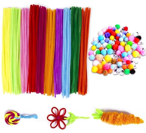 Set de 100 Limpiapipas de Colores para Manualidades Viene con Bolas de pelo y ojos móviles, 30 cm de Largo, limpia pipas para manualidades, Ideal para Proyectos DIY y Decoraciones,alambre de chenilla