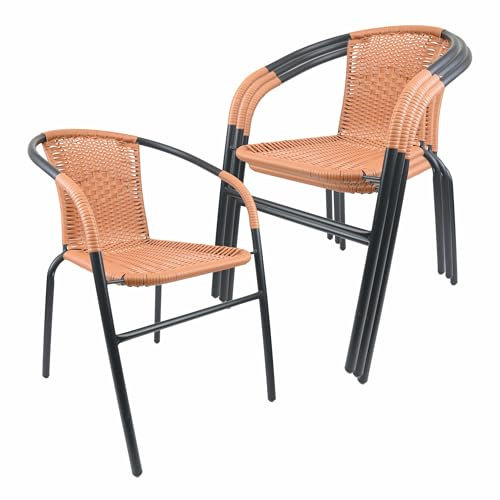 Nexos Trading Bistrostuhl Poly Rattan Stahl-Rahmen Stapelstuhl Balkonstuhl Gartenstuhl (Natur, 4)