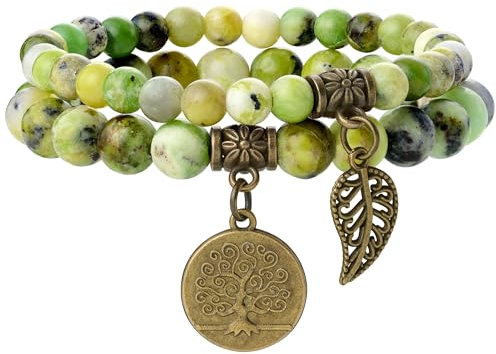 Farfume Chakra Armbänder für Frauen - Kristalle Armband Frauen natürliche Edelsteine Yoga Reiki - Ein Set von Doppel-Armbänder(Serpentin & Lebensbaum(Mittel)