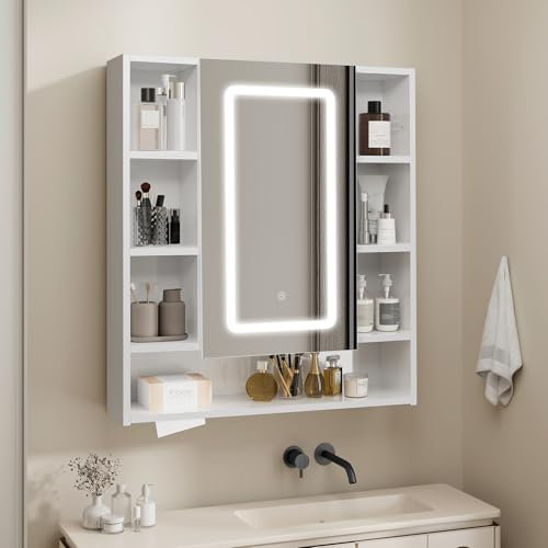 YOURLITE Bathroom Mirror Cabinets with Lights, 720 x 800 mm LED Bathroom Cabinet 3 Colors Dimmable Illuminated Bathroom Mirror Cabinet with Door and Tissue Box Slot, Damping Hinge, White