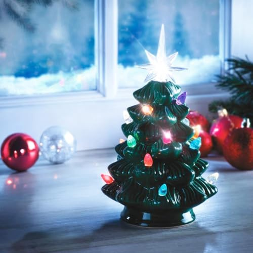 mysmartbuy.com Ceramic Light Up Christmas Tree Ornaments – Battery Powered Twinkling Illuminated Festive Xmas Home Decoration Figurine Sculptures Large H17 x 12.5cm