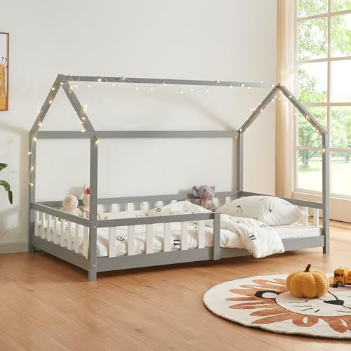 [en.casa] Kinderbett Hesel Hausbett Grau 140 x 200 cm mit Rausfallschutz und Lattenrost Montessori Bodenbett Jugendbett Holzbett