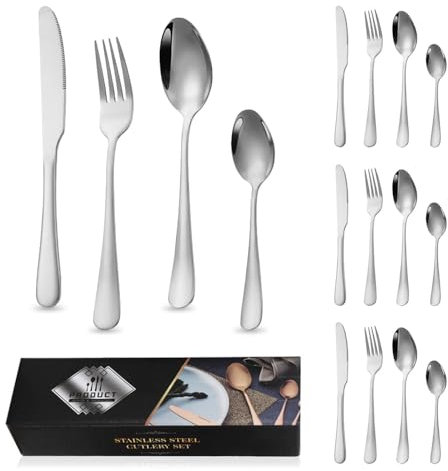 Bieiyhe 16 Piezas Set Cubiertos Acero Inoxidable,Juego de Cubiertos Infantiles,Cutlery Set,Juego de Cubiertos para 4 Personas,Cubiertos para Lavavajillas,Cubiertos de Viaje,Cubiertos de Camping