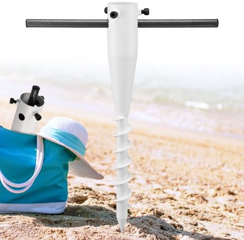 Beach Umbrella Anchor, Heavy Duty Metal Umbrella Sand Anchor, Rust-Proof Umbrella Holder Stand with 6-Spiral Corkscrew Drill, Easy Install In-Ground Outdoor Base for 1.3-2 Poles, Portable, White
