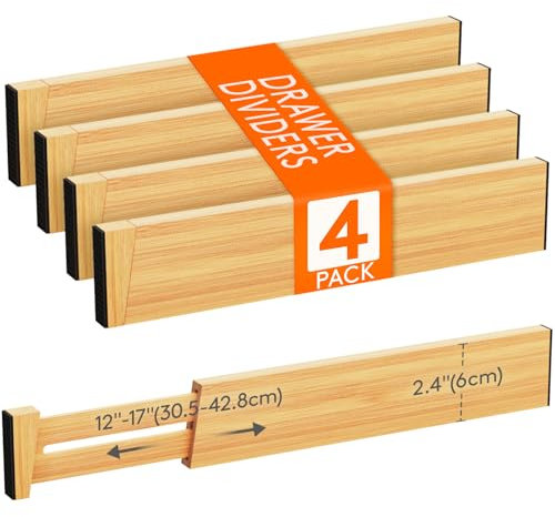 Lifewit 4er-Set Bambus Verstellbar Schubladentrenner, 6 cm hoch und 31-42 cm länge, Schublade Teiler, Schubladen Organizer für Küche/Kleiderschränke/Schreibtisch/Schminktisch