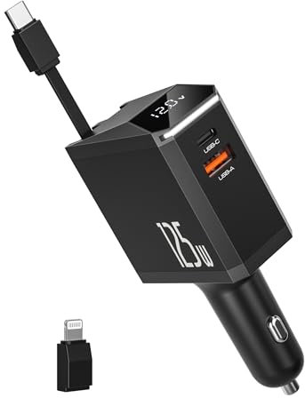 125W Retráctil Cargador Coche Carga Rápida,Cargador Mechero Coche USB C con Tipo-C Cable Retráctil y Pantalla de Voltaje,12V 24V Enchufe Encendedor Toma Adaptador Cargador Móvil Coche