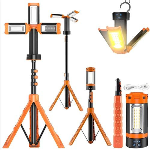 Portable Camping Light with Stand 6ft Max Height, Rechargeable Cordless Work Light with 3 LED Lamp Heads, 2500 Lumens Dimmable Magnetic Emergency Flashlight with Detachable Tripod Kit