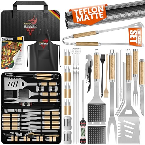 KESSER® Lot de 37 ustensiles de barbecue en acier inoxydable avec pince, spatule, spatule 4 en 1, fourchette à barbecue, brochettes de barbecue, thermomètre, tire-bouchon, tapis de barbecue et sac