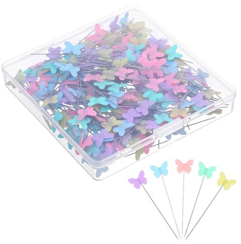 MBAIYO 250 Stück Schmetterlingkopf Stecknadeln, Nähnadeln Stecknadeln Mit Kopf Schmetterling Lang 5,3 cm Mehrfarbige Head Pins mit Aufbewahrungsbox Sewing Pins für DIY Nähen Handwerk Basteln