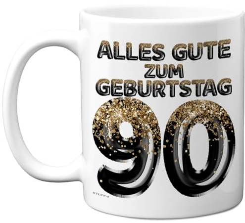 90. Geburtstagsgeschenke, 'Schwarz Gold Glitzerballons' Tasse | Geburtstag Tasse für Männer und Frauen, 325 ml Premium-Keramiktasse, Spülmaschinenfest