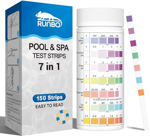 7 IN 1 Pool-Teststreifen für Spa, 150 Stück Wassertester Tester für Spa Schwimmbad, Genauer Test-Brom, Gesamtalkalinität, Freies Chlor, Gesamthärte, Cyanursäure und Gesamtchlor, pH