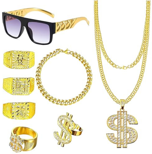 8Pcs Hip Hop Party Decorations, Fake Gold Chain Set, 90s Fancy Dress Accessories for Men and Women, Dollar Sign Necklace, Gold Bracelet, Rings and Glasses for Retro Themed Outfits