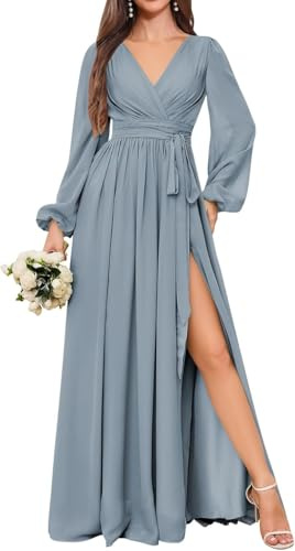 Long Sleeve Bridesmaid Dresses for Women with Slit Pleated Fall Wedding Guest Dress Chiffon Dusty Blue Formal Gown UK6