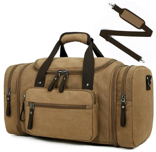 Outplea Erweiterbare Canvas Reisetasche Herren, 35L Groß Vintage Reisetasche Handgepäck, Overnight Weekender Taschen für Übernachtungen, Khaki