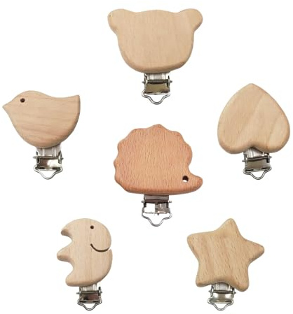 Ensemble de 6 Pinces en Bois Naturel Pinces Anti-Chute à Motifs Animaux avec Boucles métalliques Accessoires sûrs et Non Toxiques pour vêtements, poussettes ou projets DIY Bois de hêtre éco