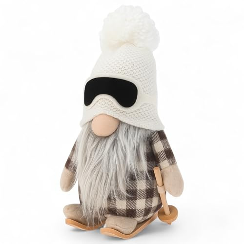 MIJOMA Wichtel Dekofigur 20cm – Skandinavischer Stoff-Wichtel mit Wintermütze auf Holzskiern – Plüschfigur zum Aufstellen – Winterdeko Weihnachten Skandi Hygge Stil (Schneeflocken Weiß)