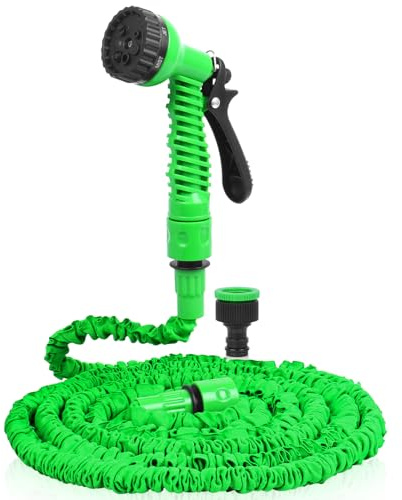 TIECHI Expandable Garden Hose Pipe with 7 Function Spray Gun – 15M Water Hose with 3/4, 1/2 Tap Connector, Flexible Retractable Hosepipe for Car Wash, Outdoor and Garden Accessories (Green, 50FT)