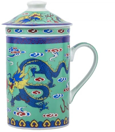 lachineuse Tisania per tè infuso asiatico, motivo drago verde asiatico, prosperità e felicità, in porcellana, altezza 14,5 cm, idea regalo decorativa cinese