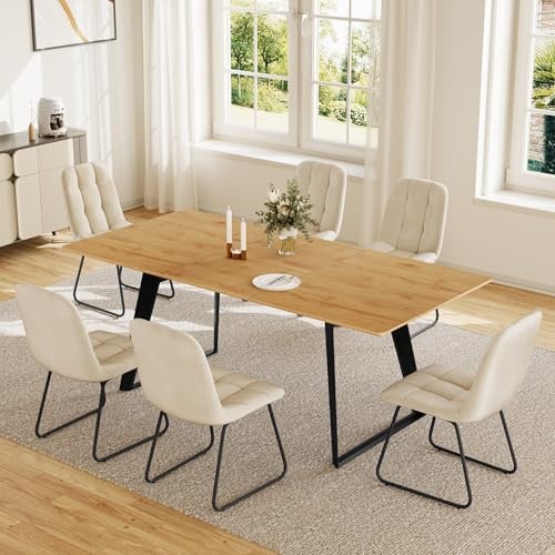 HIPIHOM Mesa de comedor con 4-6 sillas, mesa de comedor extensible 130-170 cm, mesa de comedor de MDF y estructura de metal, mesa de cocina/mesa de comedor para 4-6 (1 mesa de comedor + 6 sillas