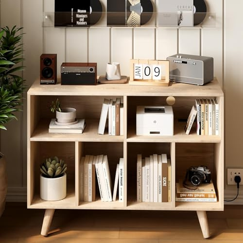 Garvee Großes Plattenspieler Regal, Schallplattenregal für bis zu 350 Vinyl | Holzregal mit USB und Steckdose – Offenes Design für Wohnzimmer, Schlafzimmer, Büro – Naturholz