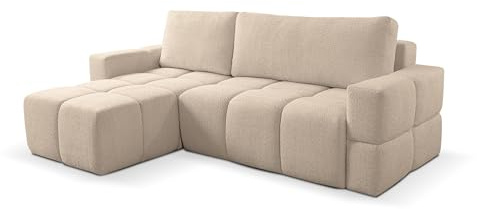 VENASI MÖBEL Ecksofa LUSSO, Eckcouch in L-Form mit Schlaffunktion und Bettkasten, Farbe: Hellbraun, Bouclé-Stoff, Ottomane Universal