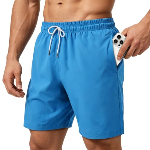 HEOAARG Short De Bain Homme SéChage Rapide Sport Bermuda Short Respirant Maillot De Bain Homme avec Poche ZippéE Et Cordon Élastique,Bleu Clair,XL