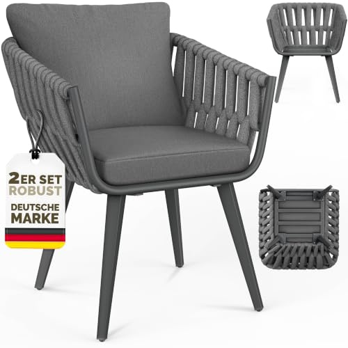 tillvex® Gartenstuhl 2er Set Wetterfest mit Armlehne & Kissen bis 160kg | Gartenstühle UV-beständig | Terrassenstuhl + Sitz- & Rückenpolster | Outdoor Stühle Sessel Gartenmöbel Terrasse Balkon Garten