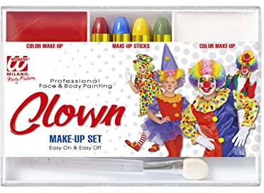 Widmann 02404 - Make-Up Set Clown, 4 Stifte, rote und weißes Make-Up in Schale, Pinsel, Karneval, Mottoparty, Halloween