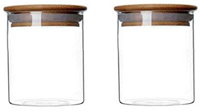 Lot de 2 bocaux de conservation en verre transparent avec couvercles hermétiques en bois pour grains de café, feuilles de thé, sucre, biscuits, fruits secs, bonbons, verre, transparent, 250ML/8.5oz