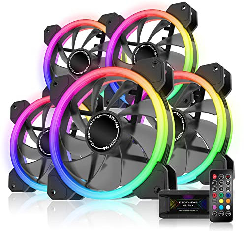 EZDIY-FAB RGB Dual Ring 120mm Case Fans,5V Motherboard Sync,Speed Adjustable,RGB Sync Fan with 10-Port Fan Hub X and Remote-5 Pack