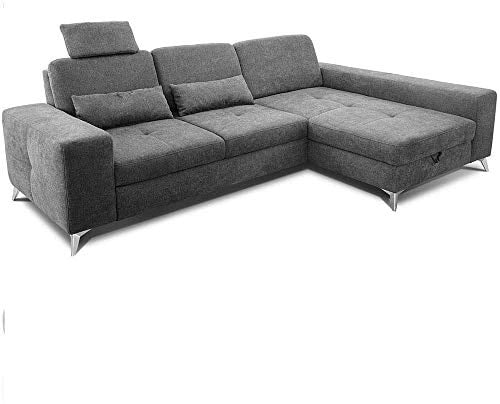 CAVADORE Ecksofa Bali / Trendige Sofaecke mit Longchair rechts, Kopfstütze & Nierenkissen / Inkl. Sitztiefenverstellung, Bett & Bettkasten / 286 x 92 x 176 / Flachgewebe: Grau