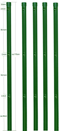 5 Metall Zaunpfosten rund Ø 34 mm für 1,2 Meter hohe Metallzaun Anlage in grün aus Maschendraht. Zaun Pfahl 1700mm lang zum einbetonieren mit Kappe und 3 montierte Spanndrahthalter.…