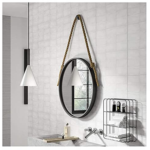 Miroir mural avec corde de chanvre Hainging, maquillage mural Miroir salle de bain rond grand miroir - cadre en métal noir (Size : 60cm)