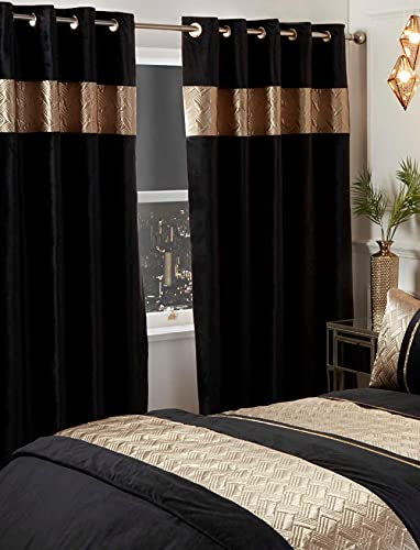 Rapport Home Capri Black Gold Eyelet Curtains Pair - 66 W x 72 D (132 Total Width) - Thermal Room Darkening Polyester Drapes for Bedroom Living Room