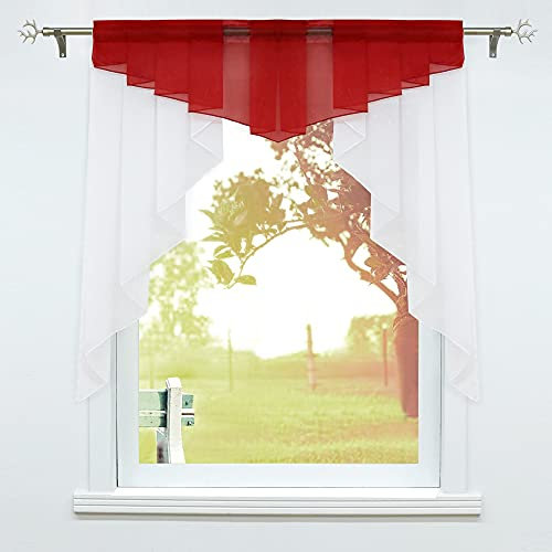 SCHOAL Scheibengardinen Küche Kleinfenster Gardinen mit Kräuselband oder Tunnelzug Bistrogardinen Voile Transparente Kurzgardinen Modern 1 Stück BxH 100x100cm Rot