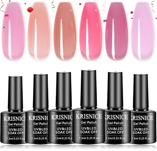 KRISNICE Jelly Gel Nail Polish Set Sheer Nude Pink Polish Crystal Transparent Gel Polish Kit Nail Art Varnish Manicure Collection Gift Set (KBT6-003)