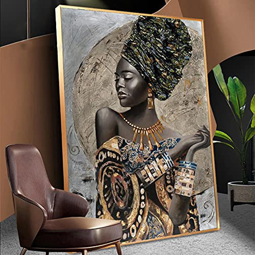Yuefa Art Moderne De Luxe Noblesse Africaine Femme Affiches Impressions Toile Art Portrait Fille Noire Peinture Murale Décor Pour Salon 50x75cm (20x30in) Sans Cadre