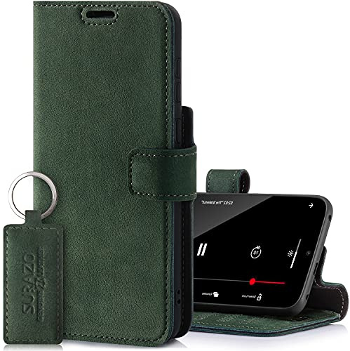 SURAZO Prestige Leather Case for iPhone 13 - RFID Wallet Flip Cover with 3 Card Slots & Cash Pocket - Secure Magnetic Closure & Kickstand - Real Leather Folio Bumper (Dark green)