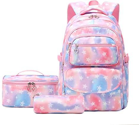 Tanou Schulrucksack Mädchen 3 Stk mit Lunchtasche Federmäppchen, Atmungsaktives Leichtgewicht Schultasche Teenager Mädchen für 3-9 Klasse, 22 Liter Rucksack Schule für Reisen, Rosa