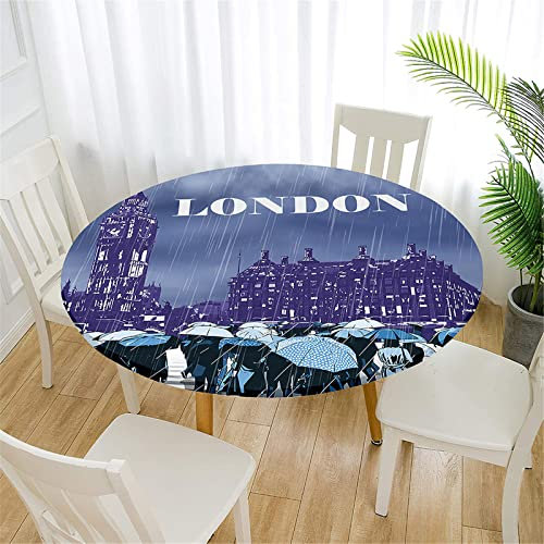 FANSU 3D Londra Stampa Tovaglia Rotonda Antimacchia con Bordo Elastico, Tovaglie Copertura Poliestere Impermeabile Lavabile Copritavolo per Decorazione Cucina (Londra Viola,Diametro 130cm)