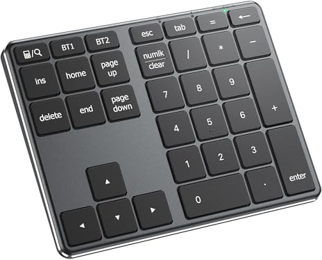 iClever Nummernblock, kabelloser Aluminium-Nummernblock für mehrere Geräte, USB-C wiederaufladbar, externe 34-Tasten-Bluetooth-Tastatur für Dateneingabe, kompatibel für Laptop, Mac, iMac, Tablet, PC