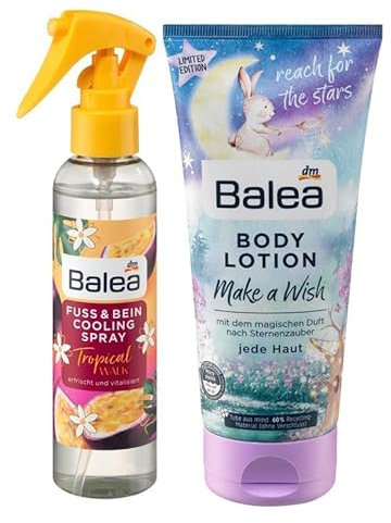 Balea 2er-Set Körperpflege: Fuss & Bein COOLING SPRAY TROPICAL WALK Fußpflege erfrischt & vitalisiert müde Füße (150 ml) + Bodylotion MAKE A WISH Hautpflege für intensive Feuchtigkeit (200 ml), 350 ml
