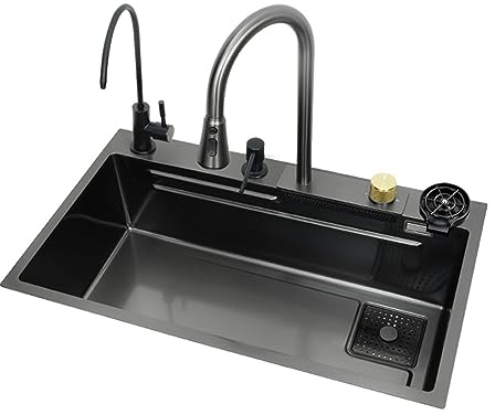 Fregadero de Cascada para Cocina, Fregadero Integrado de Acero Inoxidable 304 con Grifo extraíble, Lavabo para Verduras y Fregadero para lavavajillas (680x450mm)