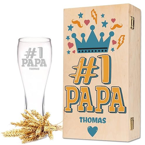 Leonardo Verre à blé avec gravure – #1 Papa – Personnalisable avec nom avec boîte en bois – Cadeau pour papa pour la fête des pères – Cadeau pour les amateurs de bière – Idée cadeau d'anniversaire