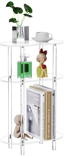 Bkemiy Schmaler Acryl Beistelltisch, 3 Etagen, Oval, Transparent, 40 cm L x 20 cm B x 62,5 cm H, Moderner Nachttisch für kleine Räume, JJ0007