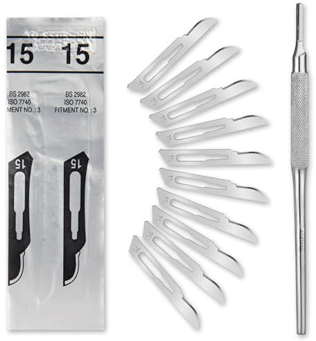 Set - 10 Stück sterile Skalpellklingen Figur 15 aus Karbonstahl - Ersatzklingen + 1 x Shehadeh - Skalpell-Halter mit rundem Griff - Edelstahl