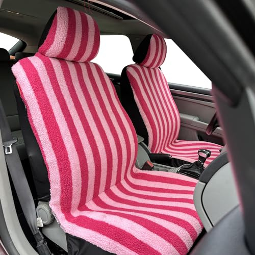 CSCOMFY Sitzbezüge aus Schaffell für Autos, LKWs, SUVs, Auto-Vordersitze, weicher Plüsch, Kunstwolle, flauschig, universelle Passform, rosa gestreift